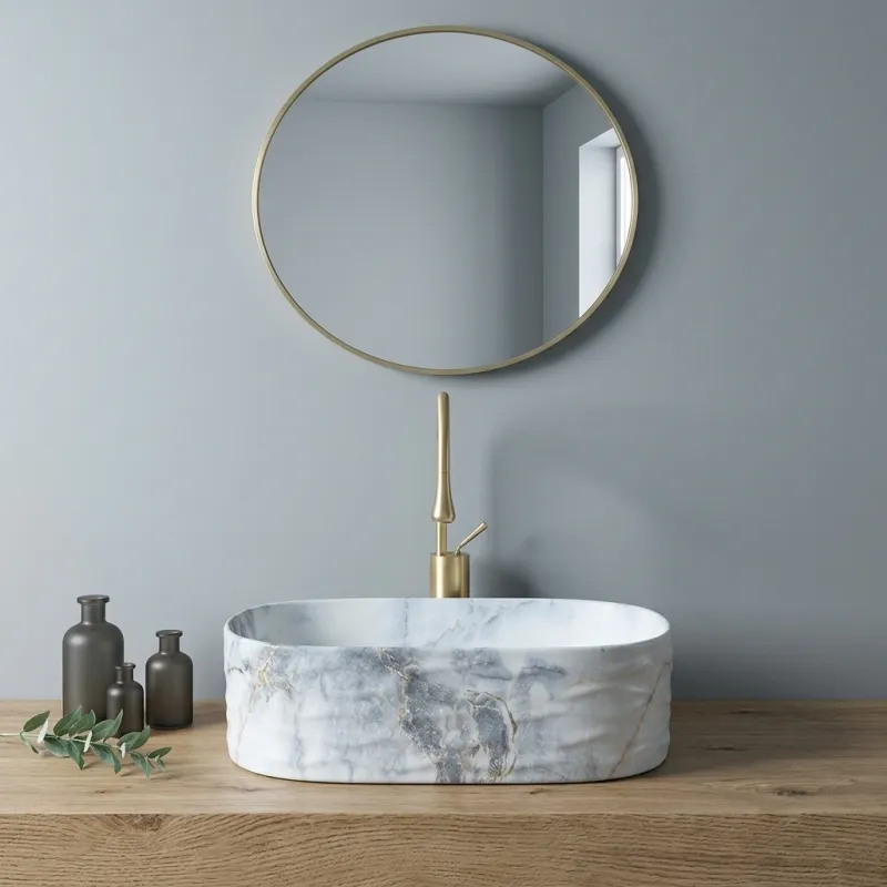 Modern Artistic Oval Ceramic Bathroom Sink Vessel Wash Basin with Lever Faucet for Hotel & Vanity(E0004-0004)