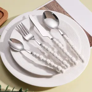 Luxury Stainless Steel Steak Knife & Fork Set Ceramic Pearl Handle Cutlery Set Elegant Western Flatware Premium Silverware Dinnerware Gift（A0006-0001）