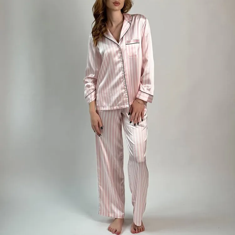 Custom Elegant Striped Satin Pajamas Set for Women Pink Silk Sleepwear with Elastic Waistband Lightweight Spring & Summer Loungewear Set（M0005-0001）