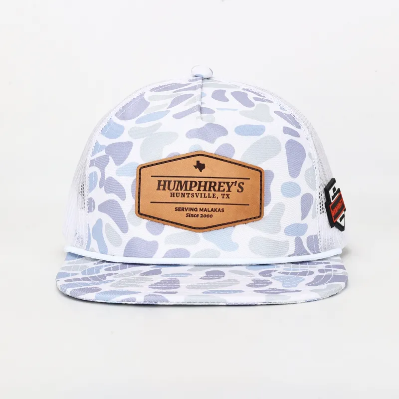 Custom 5 Panel Snapback Cap Camouflage Flat Brim Hat with 3D Embroidery & Leather Patch Breathable Adjustable Baseball Cap（O0001-0003）