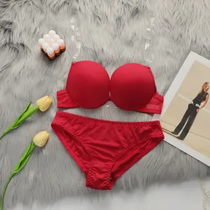 Lady Comfortable Clear Strap Underwire Plus Size Cup Bra Sets Sexy Women Red Underwear Set（H0004-0008）