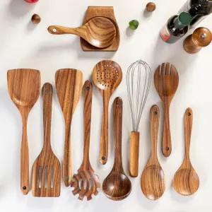 Eco Friendly Acacia Wood Kitchen Utensils Set Natural Wooden Cooking Tools with Comfortable Handle Sustainable Spatula Spoon Kitchenware Gift Set（B0004-0001）