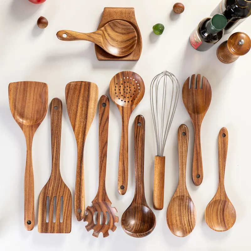 Eco Friendly Acacia Wood Kitchen Utensils Set Natural Wooden Cooking Tools with Comfortable Handle Sustainable Spatula Spoon Kitchenware Gift Set（B0004-0001）