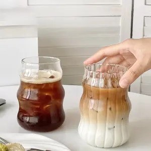 Ribbed Borosilicate Glass Cup Gourd Shaped Beer Glass for Cold Drinks Coffee Juice Soda and Tea Modern Reusable Beverage Glass（C0005-0005）