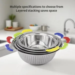 Colorful Stainless Steel Colander with Heat-Resistant Handle Round Perforated Kitchen Strainer Bowl for Washing Fruits Vegetables and Draining Food（B0010-0003）
