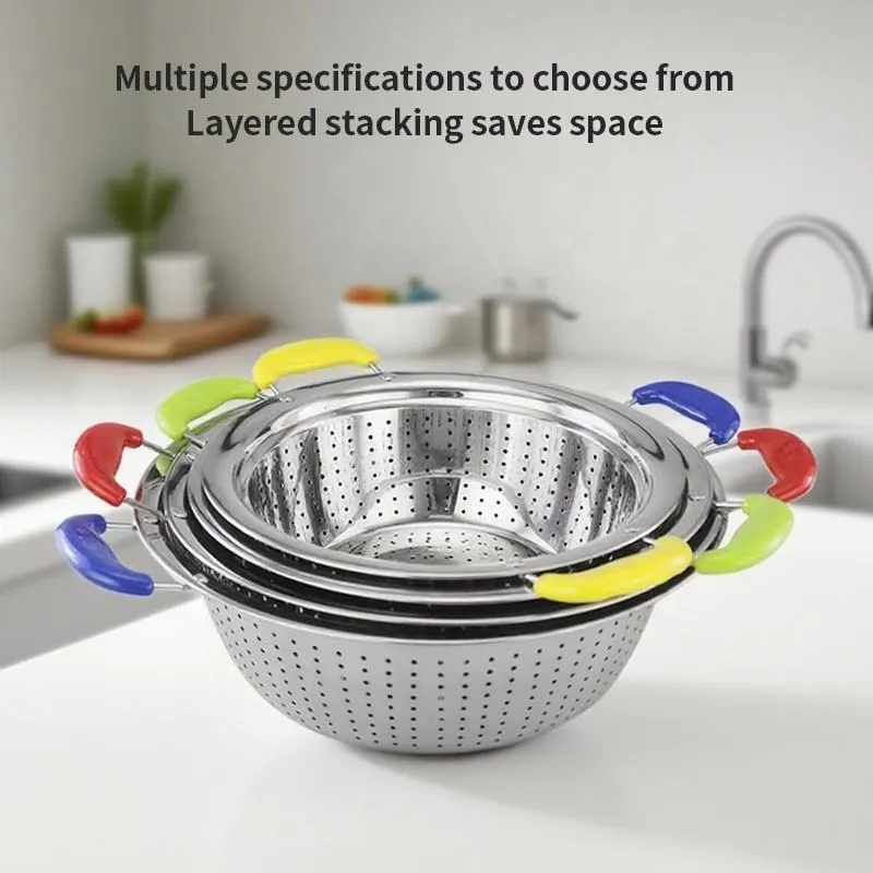 Colorful Stainless Steel Colander with Heat-Resistant Handle Round Perforated Kitchen Strainer Bowl for Washing Fruits Vegetables and Draining Food（B0010-0003）