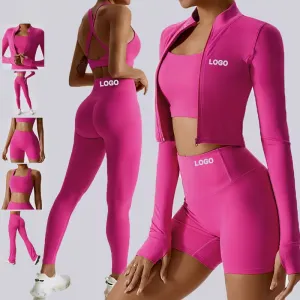 Women&rsquo;s 2 Piece Workout Set Long Sleeve Fitness Jacket & High Waist Leggings Slim Fit Gym Activewear Outfit for Running Yoga & Training（N0003-0001）