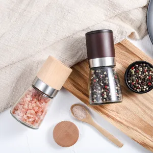 Premium Wooden Salt and Pepper Grinder Manual Spice Mill with Glass Jar Stainless Steel Handle Adjustable Pepper Mill for Kitchen & Dining Table（B0007-0001）