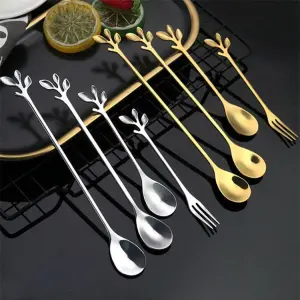 Stainless Steel Leaf Spoon Creative Coffee Stirring Spoon Tea Spoon & Dessert Spoon Reusable Metal Espresso Spoon Tableware(A0007-0004)