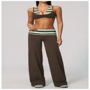 Custom Striped Halter Yoga Set for Women 2 Piece Workout Outfit Sports Bra & High Waisted Wide Leg Pants Fitness Activewear Set（K0001-0001）
