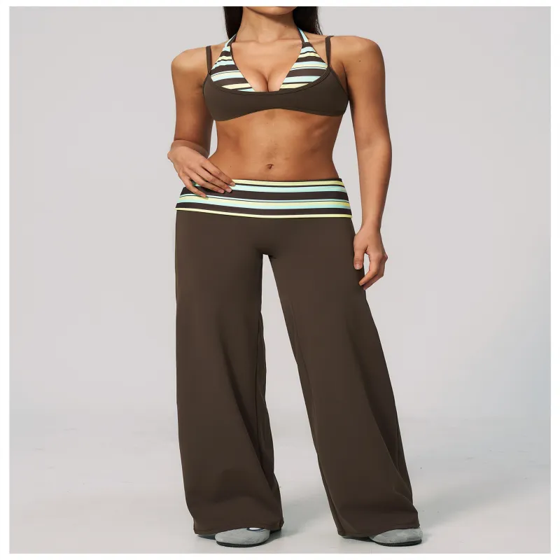 Custom Striped Halter Yoga Set for Women 2 Piece Workout Outfit Sports Bra & High Waisted Wide Leg Pants Fitness Activewear Set（K0001-0001）