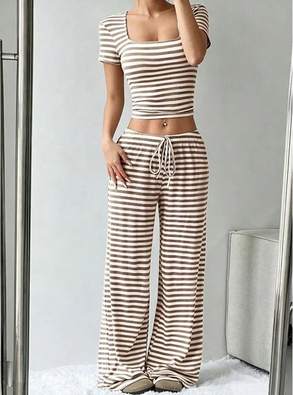 Women Striped Printed Pajama Set Pullover Loungewear Two Piece Sleepwear Set Casual Homewear Lounge Set for Spring Summer Autumn（M0002-0001）