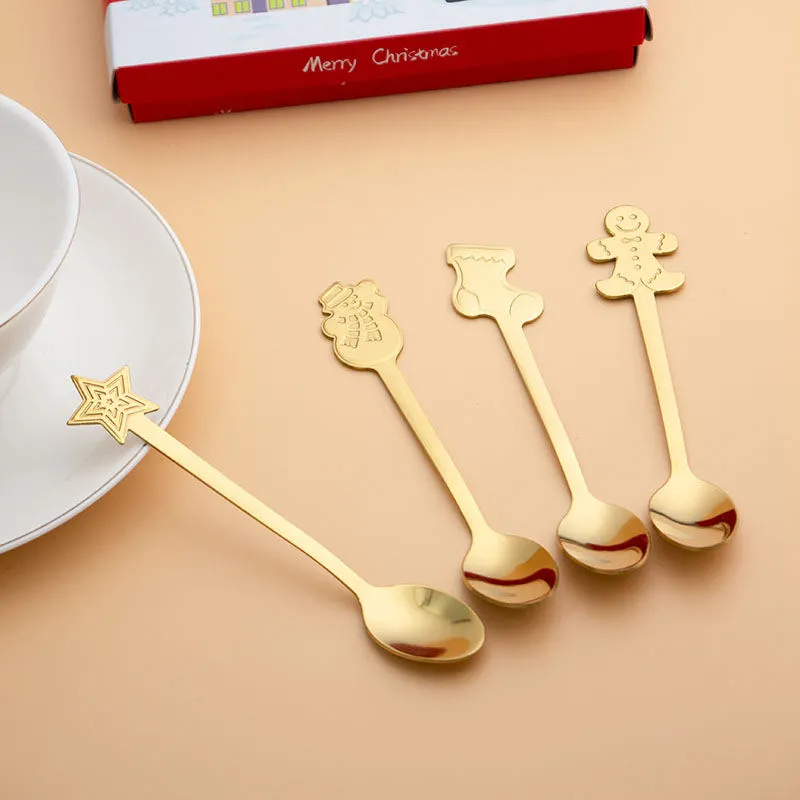 Christmas Gold Stainless Steel Spoon Set Festive Coffee & Dessert Spoons Holiday Tableware Elegant Metal Gift Spoon Set(A0010-0001)