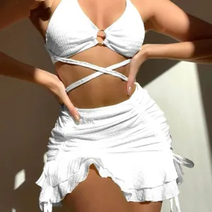 Three Piece Swimsuit Set White Bikini Wrap Skirt Beach Cover Up（I0004-0009）
