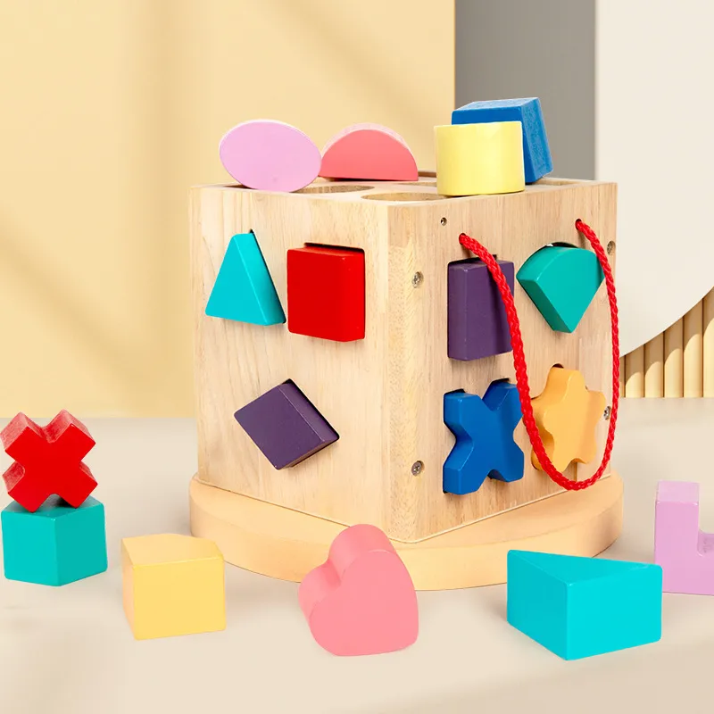 Montessori Wooden Shape Sorter Toy 17 Hole Educational Puzzle Box for Toddlers Handheld Shape Matching Learning Cube Early Development Toy for Kids（P0001-0002）