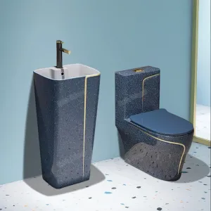 Terrazzo Texture Gold Line One Piece Ceramic Toilet and Pedestal Basin Set S Trap Floor Mounted Bathroom Suite（E0005-0008）