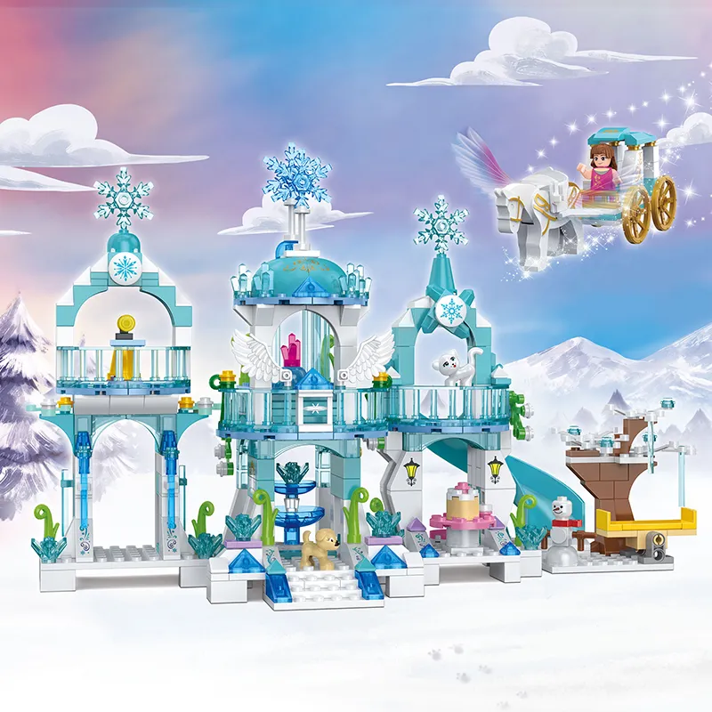 DIY Princess Ice Castle Building Blocks Set Creative Girls Castle Construction Toy Kids STEM Building Block Kit Frozen Style Palace Toy Gift（S0006-0002）