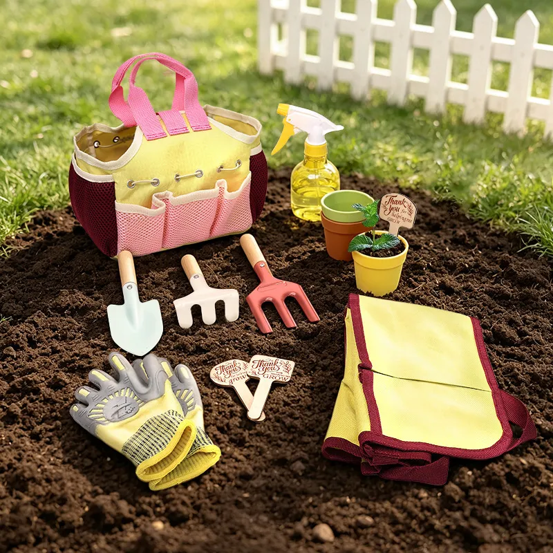 Kids Gardening Tool Set with Apron & Gloves Outdoor Garden Planting Kit for Toddlers Children Garden Tools Kit with Tote Bag Shovel, Rake, Trowel, Scissors(Q0004-0001)