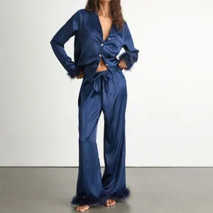 100% Mulberry Silk Pajama Set for Women Long Sleeve Button-Down Shirt & Long Pants Sleepwear Luxury Silk Loungewear Nightwear Set（M0004-0001）