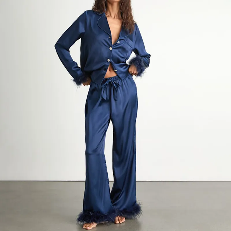 100% Mulberry Silk Pajama Set for Women Long Sleeve Button-Down Shirt & Long Pants Sleepwear Luxury Silk Loungewear Nightwear Set（M0004-0001）