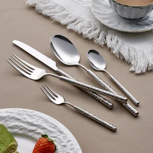 Heavy Duty Stainless Steel Cutlery Set Hammered Handle Flatware Mirror Polish Silverware Luxury Wedding & Banquet Tableware Set（A0005-0002）