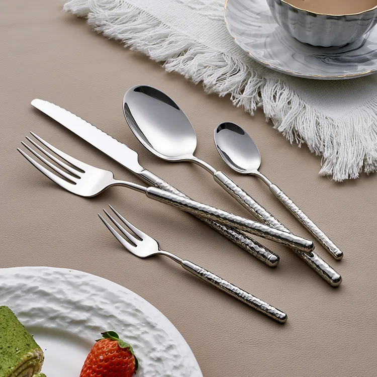 Heavy Duty Stainless Steel Cutlery Set Hammered Handle Flatware Mirror Polish Silverware Luxury Wedding & Banquet Tableware Set（A0005-0002）
