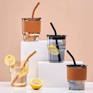 15 oz Custom Logo Glass Tumbler with Lid and Straw Amber Glass Coffee and Tea Cup with Leather Sleeve Reusable Drinking Cup for Water and Cold Beverages（C0005-0003）