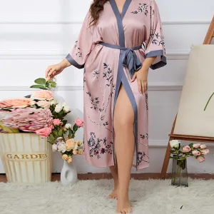 Plus Size Women Printed Satin Robe Long Dress Elegant Spring Breathable Sleepwear Nightgown(M0008-0004)