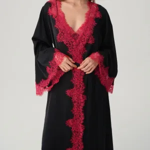 Luxury 100% Silk Robe for Women Wide Sleeve Long Kimono Sleepwear Lace Trim Nightgown Party Robe(M0008-0005)