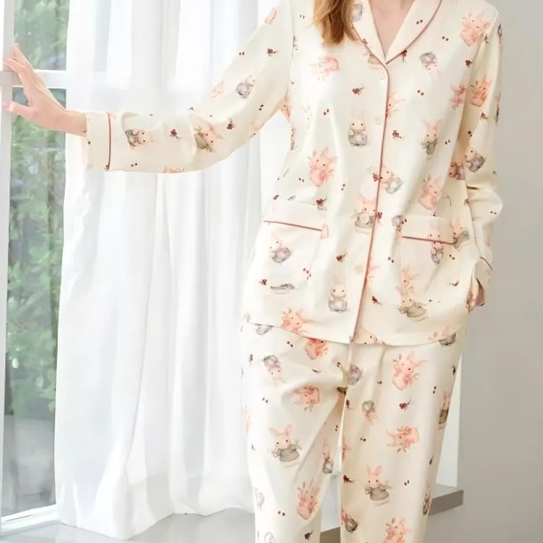 Women Modal Bamboo Viscose Pajama Set Long Sleeve Wide Leg Pants Relaxed Fit Sleepwear Loungewear(M0007-0006)