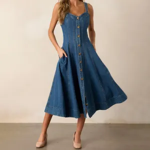 Women's Sleeveless Denim Midi Dress Pleated Button Front Casual A Line Jean Dress（N0004-0007）