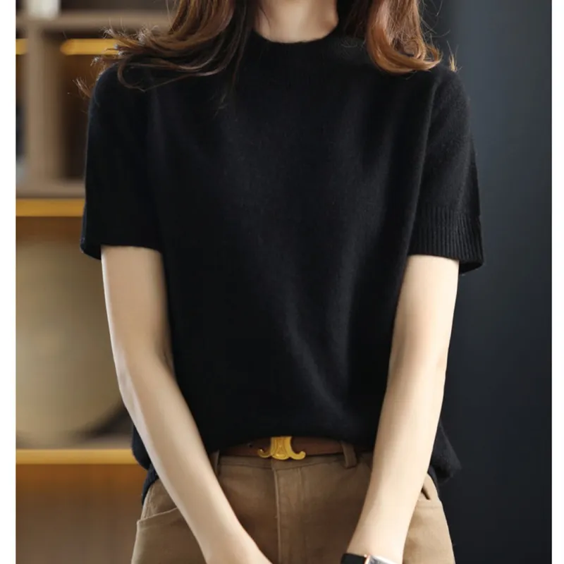 Women's Round Neck Short Sleeve Knit Top Casual Cashmere Pullover Summer Sweater Custom（N0005-0007）