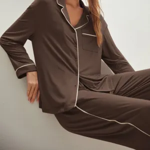Custom Viscose from Bamboo Pajama Set for Women Long Sleeve Piping Pyjamas Soft Sleepwear Loungewear(M0007-0004)