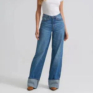 Women's High Rise Wide Leg Jeans Cuffed Hem Retro Washed Cotton Denim Pants（N0004-0009）