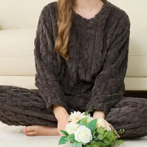 Autumn Winter Jacquard Flannel Pajama Set for Women Thickened Velvet Drawstring Warm Breathable Sleepwear(M0007-0003)