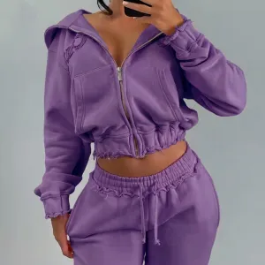 400gsm Heavyweight Vintage Washed Cropped Zip Up Hoodie and Sweatpants Set Women's Streetwear Two Piece（N0004-0004）