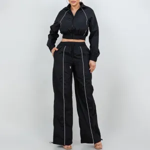 Women's Zip Up Crop Jacket and Baggy Pants Set Long Sleeve Nylon Tracksuit Two Piece Activewear（N0005-0002）