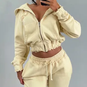 Women's Washed Cropped Zip Up Hoodie and Sweatpants Set Vintage Embroidered Streetwear Tracksuit（N0004-0003）