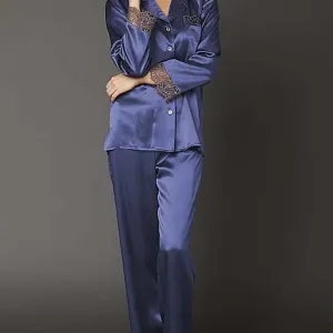 Custom Satin Silk Pajama Set for Women Long Sleeve Soft Smooth Two Piece Sleepwear Set Luxury Loungewear Nightwear（M0007-0005）