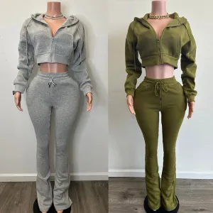 Women's Zip Up Crop Hoodie and Slim Flare Pants Set Custom Two Piece Tracksuit Matching Outfit（N0005-0001）