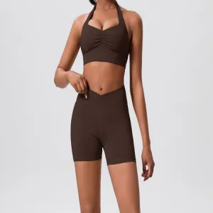 Hanging Neck Yoga Set for Women Sports Bra and Biker Shorts Two Piece Workout Outfit Gym Fitness Activewear Set（K0003-0004）