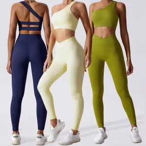 Seamless High Waist Workout Set for Women One Shoulder Sports Bra and Leggings Gym Fitness Yoga Activewear（K0003-0008）