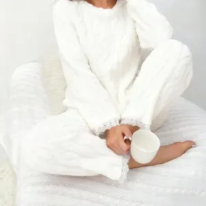Women Coral Flannel Home Wear Set Animal Print Lace Trim Thickened Winter Pajama Set Two Piece Sleepwear(M0007-0009)