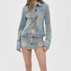 Women's Vintage Tinted Denim Jacket Retro Washed Cropped Jean Jacket Casual Outerwear（N0004-0004）