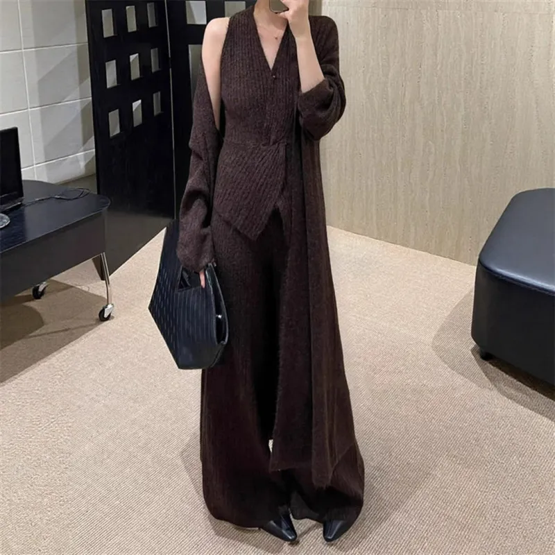 Women's 3 Piece Cashmere Set Rib Knit Vest Wide Leg Pants Long Cardigan Coat Custom（N0005-0008）