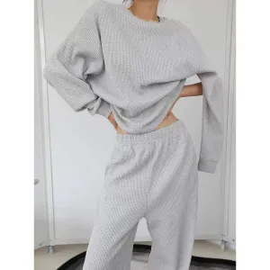 Women's Cotton Waffle 2 Piece Jogger Set Wholesale Sweatsuit Tracksuit Casual Matching Set（N0004-0009）