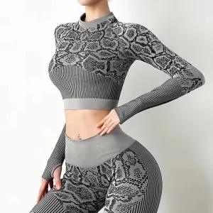 Snake Print Seamless Yoga Set for Women Long Sleeve Crop Top and Leggings Gym Fitness Workout Activewear（K0004-0004）