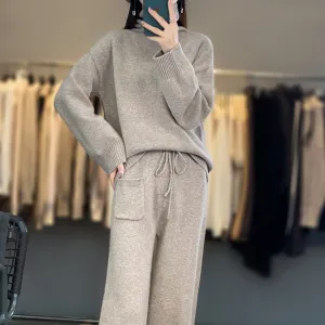Women's 2 Piece Cashmere Set Pile Neck Knitted Sweater and Wide Leg Pants Lounge Set（N0005-0009）