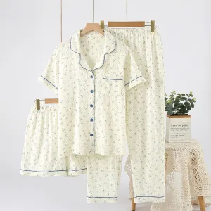 Eco Friendly Cotton Pajama Set for Women Short Sleeve Top and Pants Elastic Waist Sleepwear Set Loungewear Homewear（M0008-0008）