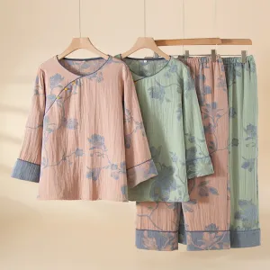 Retro Printed Cotton Nightgown for Women Round Neck Traditional Chinese Style Sleepwear Soft Breathable Loungewear Homewear（M0008-0001）